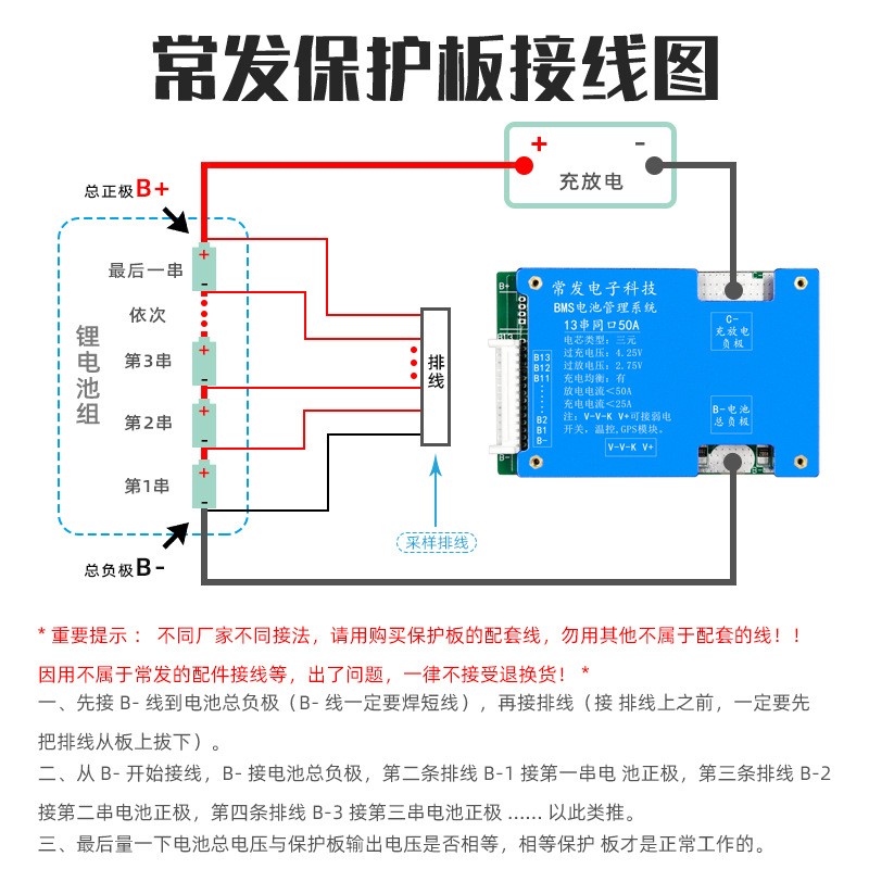 常发 13串三元48V-30A50A锂电池保护板BMS同口带均衡电动车三 轮车图3