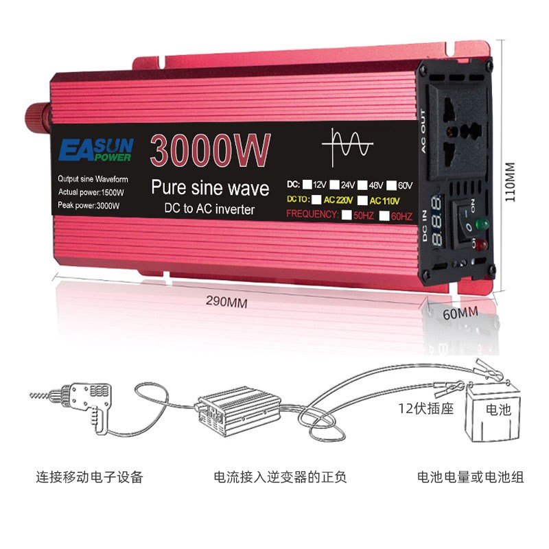 纯正波逆变器 1000W-3000W12V24v转110v220V房动车 载电源转换器图2