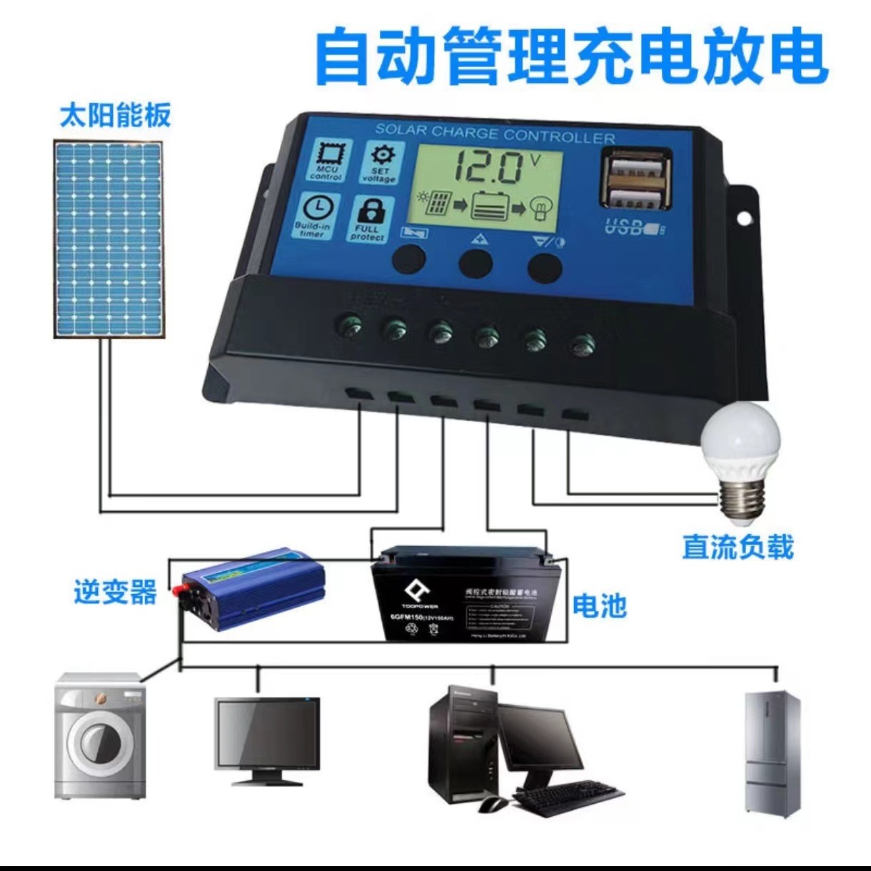 太阳能控制器12V24V全自动通用型光伏板充电控制调节器图3