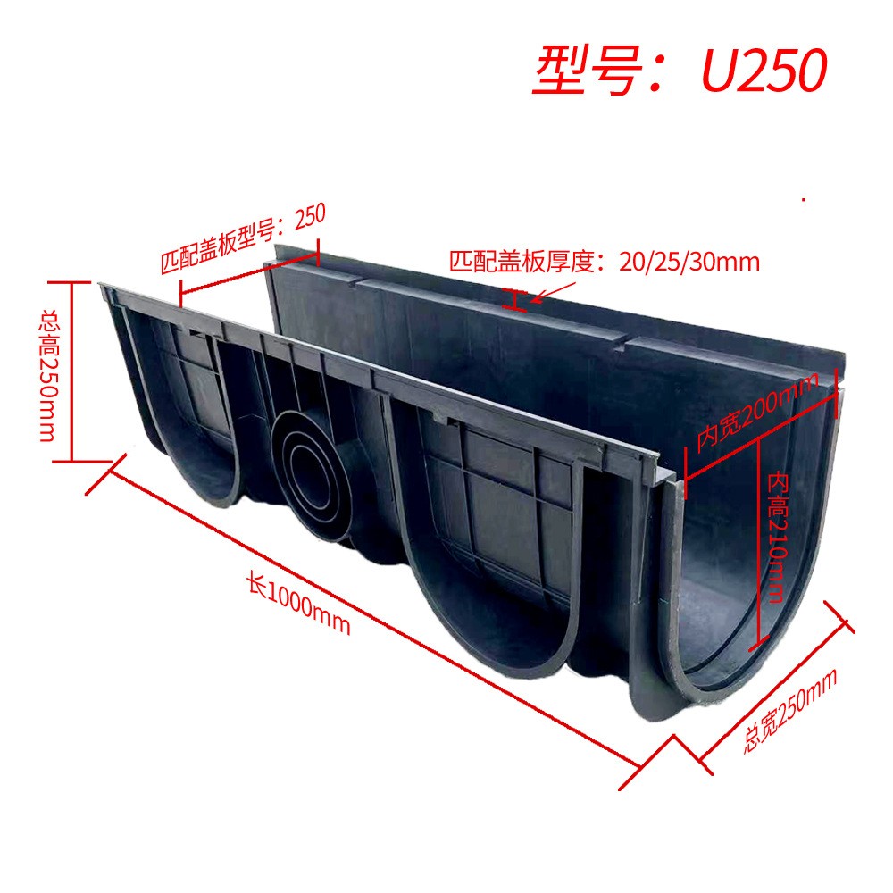 U型排水沟盖板塑料排水渠HDPE复合树脂线性成品地下沟槽工厂批发图3