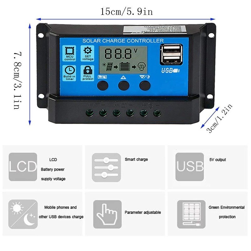 太阳能板控制器PWM光伏稳压器12V/24V太阳能电池充电器批发亚马逊图3