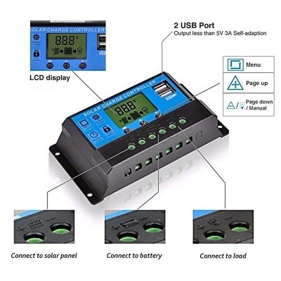 太阳能板控制器PWM光伏稳压器12V/24V太阳能电池充电器批发亚马逊